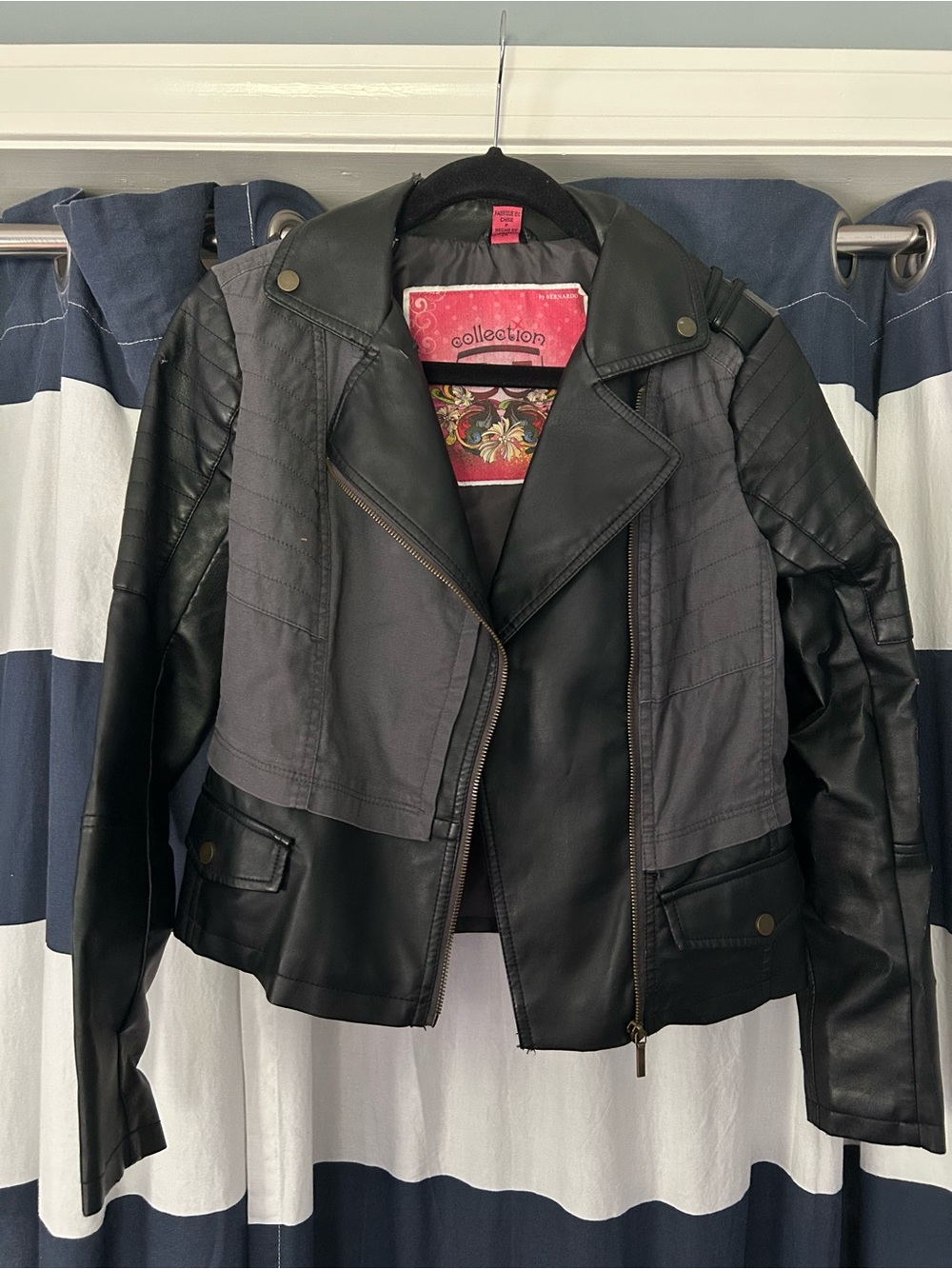 Faux Leather Moto Jacket - Black and Gray